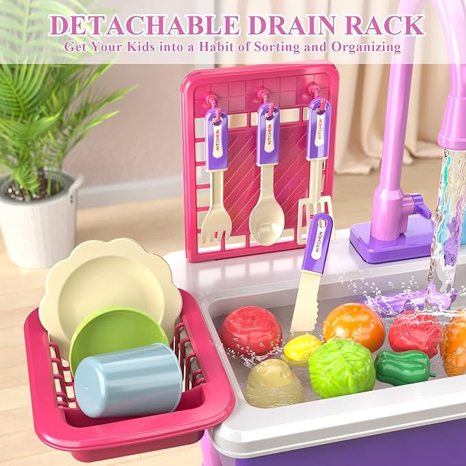 Play Kitchen Sink Toys, Electric Dishwasher Playing Toy with Running Water, Play Food & Tableware Accessories, Kitchen Set Toys, Role Play Sink Set for Toddlers Kids Boys Girls