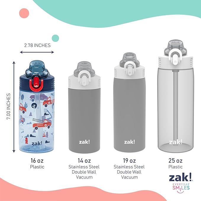 Zak Designs Sage Kids Water Bottle For School or Travel, 16oz Durable Plastic Water Bottle With Straw, Handle, and Leak-Proof, Pop-Up Spout Cover, 2-Pack Set (Construction and Rescue)