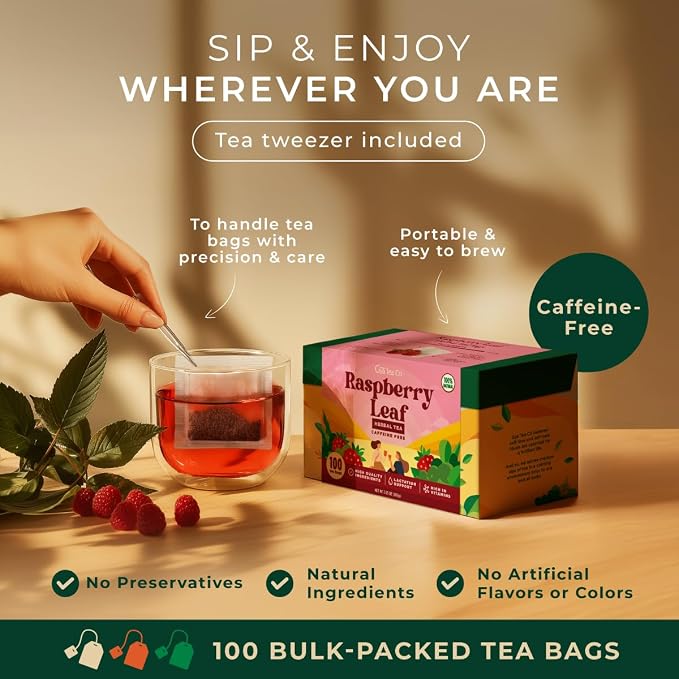 Gya Tea Co Raspberry Herbal Tea Bags (100 Bags) - Caffeine Free with a Tangy Flavor for All Day Comfort, Calming, Relaxing & Nourishing - Fruit & Herbal Blends