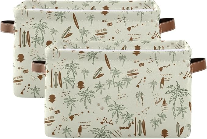 Aslsiy Storage Basket Hawaii Palm Surf Nursery Bins Brown Baby Box Canvas Clothes Shelf Basket Laundry Hamper Gift Baskets for Home Closet 2 Pcs