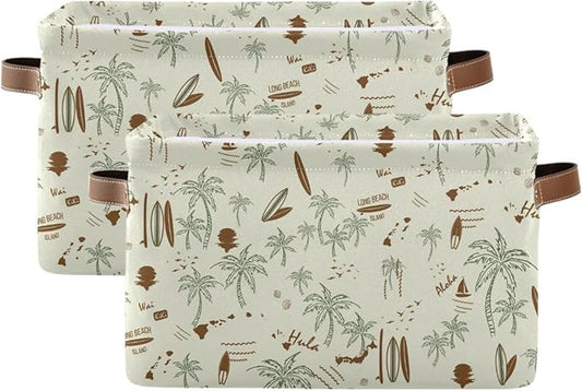Aslsiy Storage Basket Hawaii Palm Surf Nursery Bins Brown Baby Box Canvas Clothes Shelf Basket Laundry Hamper Gift Baskets for Home Closet 2 Pcs