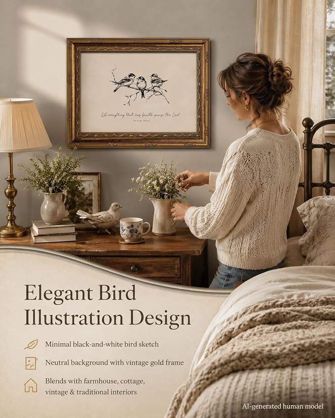 Vintage Gold Framed Bird Wall Art, Christian Bible Verse, 16 x 24 in | Sketch bird canvas with Christian scripture and vintage gold frame for living rooms, bedrooms, hallways, or prayer spaces.