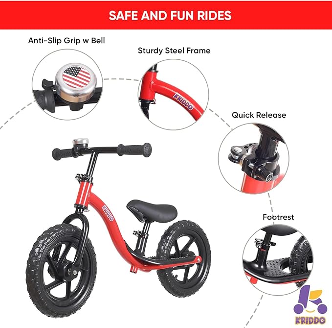 KRIDDO Toddler Balance Bike 2 Year Old, Age 24 Months to 5 Years Old, Early Learning Interactive Push Bicycle with Steady Balancing, Gift Bike for 2-5 Boys Girls, Red
