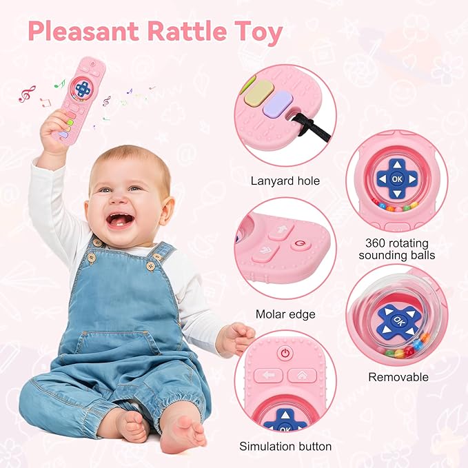 Baby Teether Toy Chew Toys for Babies, Silicone TV Remote Control Shape with Rattle Teething Relief for Infants, Sensory Teething Toys for Baby