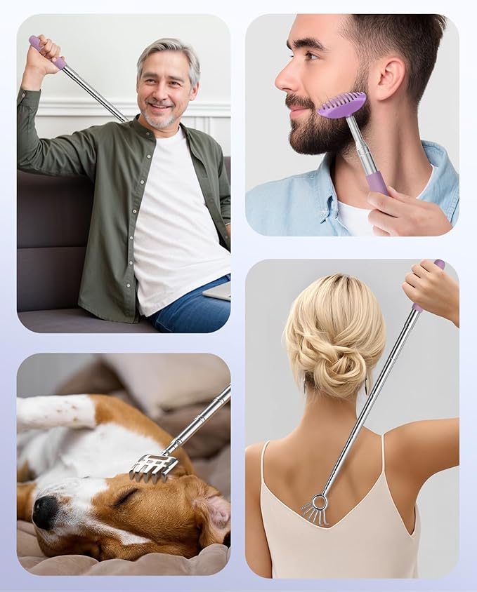 Gelibo Telescoping Back Scratcher with 5Pcs Detachable Heads, Extendable Back Massager Tool, Fathers Day Dad Gifts from Wife Daughter Son, Mens Gifts, Husband with Beautiful Box - Purple