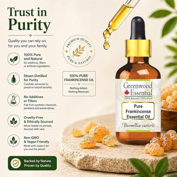 Greenwood Essential Frankincense Essential Oil (Boswellia carterii) with Glass Dropper Steam Distilled 50ml (1.69 oz)
