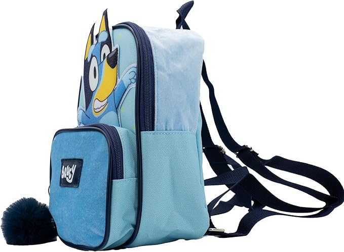 AI ACCESSORY INNOVATIONS Bluey 9” Micro Mini Backpack Purse Featuring a 3D Bluey Glitter Patch with Pom Pom Dangle, Blue