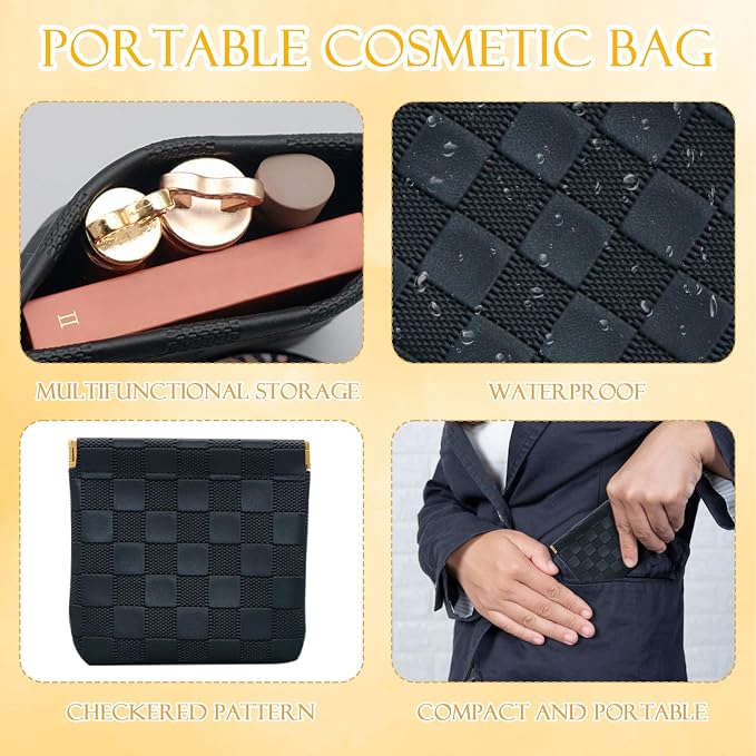 2 PCS Small Makeup Bag for Women, Small Pouches for Purse,Mini Checkered Cosmetic Bag Waterproof Pouch for Travel Storage bag, for Cosmetics Headphones Jewelry Cosmetic Lipstick Coins (Black, Pink)