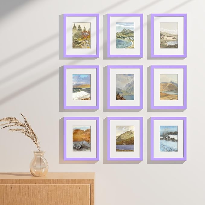 Vittanly 8x10 Picture Frames Set of 9 for Wall or Tabletop Display, Purple | Display Pictures 5x7 with Mat or 8x10 without Mat, Small Photo Frames, Engineered Wood with Shatter Resistant Plexiglass