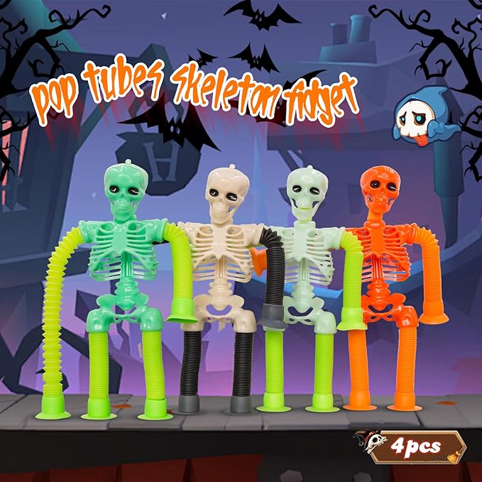 Pop Tubes Skeleton Fidget Toys for Kids, 4Pack Fidget Pop Toys Telescopic Suction Cup Toy for Stress and Anxiety Relief, Halloween Goody Bag Fillers for Kids and Toddlers (4Pack Skull)