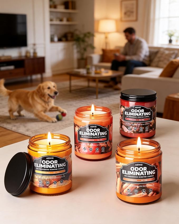 AOOVOO Cinnamon Odor Eliminating Highly Fragranced Candle - Eliminates 95% of Pet, Smoke, Food, and Other Smells Quickly, Non Toxic Air Freshing Soy Candle, 9 oz Up to 50 Hours Burn time