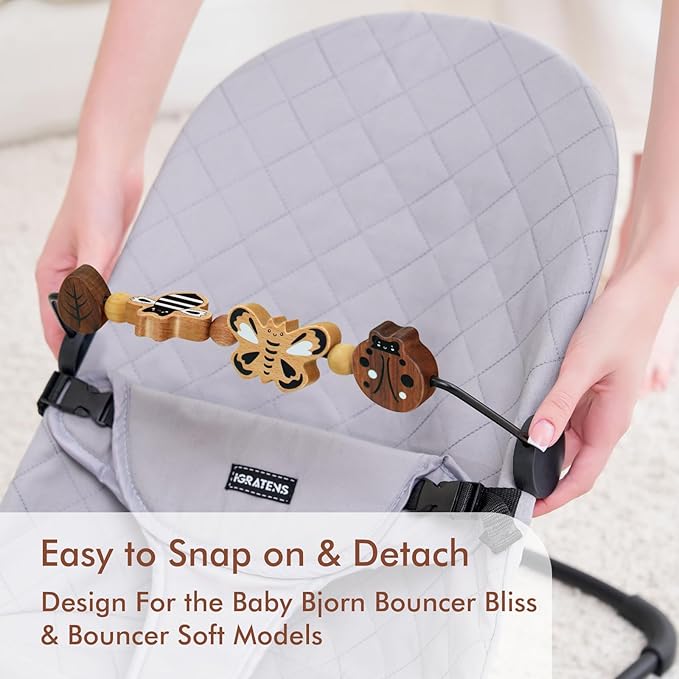 Baby Bjorn Bouncer Toy Bar - Toy Bar for Baby Bouncer Soft & Bliss, Easy to Attach and Remove, 360°Rotating Natural Wooden Toys, Exciting Design for Curious Babies, Insects Paradise