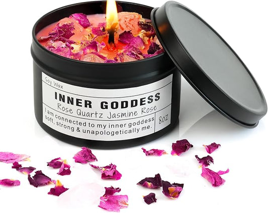 Inner Goddess, Candle Gift with Rose Quartz Crystal Floral Scented, Soy Wax Candle for Self-Care and Feminine Energy.