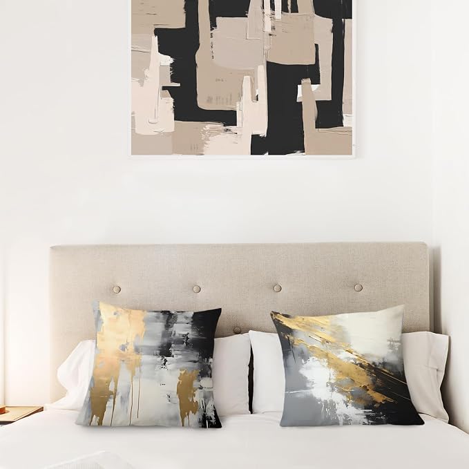 Black and Gold Pillow Covers, Decorative Pillow Covers for Couch Bed Living Room, Abstract White Black and Gold Pillow Covers 22x22 Set of 2