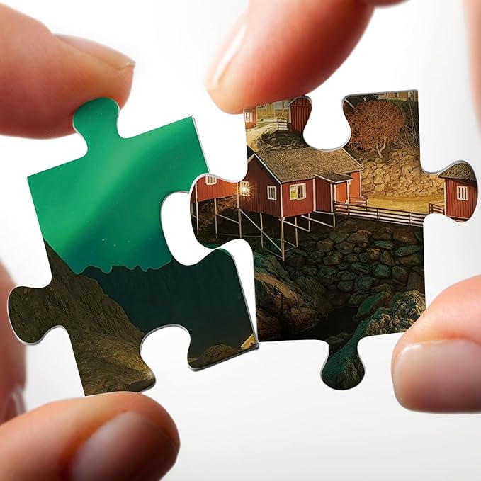 Magic Northern Lights Landscape Puzzles for Adults 1000 Pieces, Colorful Nature Aurora Norway Jigsaw Puzzles, Beautiful Mountain Scenic Cabin River Puzzle