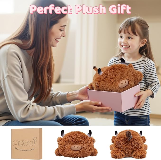 Cute Highland Cow Plush Pillow, Kawaii Plushies Highland Cow Stuffed Animals, Squishy Plushies, Cuddle Plush Pillow for Kids & Girls (13 Inch)