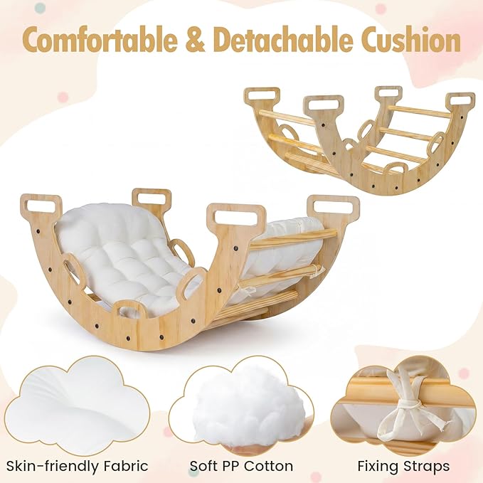 Costzon Wooden Rocking Climbing Arch w/Cushion, 3-in-1 Montessori Kids Climber Rocker for Toddlers, Playground Climbing Ladder Toy, Indoor Gym Learning Playset for Boys Girls Ages 1+ (Wood Color)