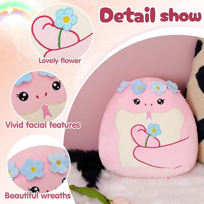 SpecialYou Flower Crown Pink Snake Plush Pillow - Soft Snake Stuffed Animal Pillow Plushie Toy Birthday Gift for Kids, Boys & Girls 14inch