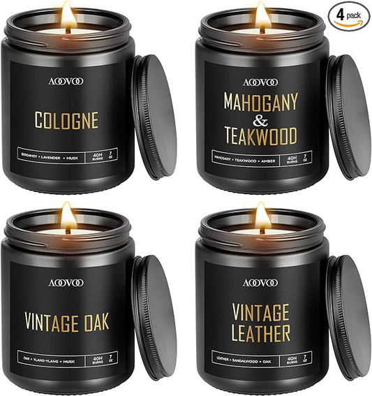 AOOVOO Scented Candles for Men - 4 Pack Candles for Home Scented, 28oz Soy Wax, 200 Hour Burn Time, Men Candle Set, Vntage Leather/Vntage Oak/Mahogany Teakwood/Cologne Candle Set