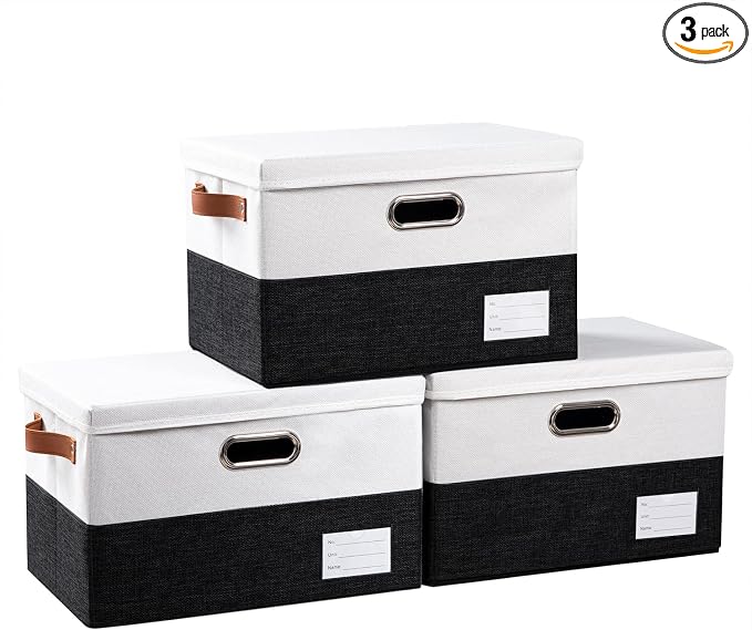Foldable Storage Bins with Lids [3-Pack] Fabric Collapsible Storage Boxes Baskets Cubes Containers with Handles for Closet Living Room Bedroom (Black & White 14.9x9.8x9.8'')