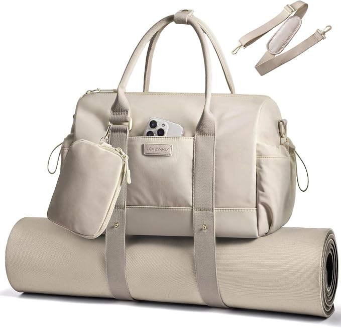 LOVEVOOK Small Gym Bag for Women with Yoga mat Holder, Mini Duffle Bag for Travel with Wet Pocket, Overnight Personal Item Bags (Khaki, 14.5 inch-Small-2Pcs)
