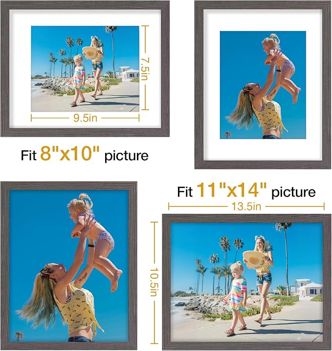 Vittanly 11x14 Picture Frames Set of 9 for Wall Mounting, Dark Grey | Display Pictures 8x10 with Mat or 11x14 without Mat, Engineered Wood with Shatter Resistant Plexiglass, Gallery Photo Frames