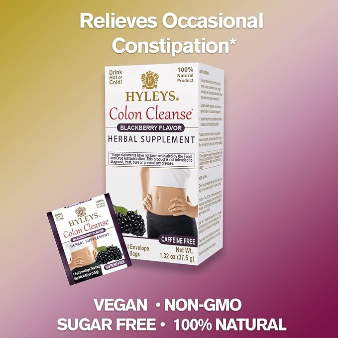 HYLEYS Colon Cleanse Tea, Blackberry Flavor - 150 Individually Wrapped Herbal Tea Bags (6 Pack of 25) - Caffeine Free, Gluten Free