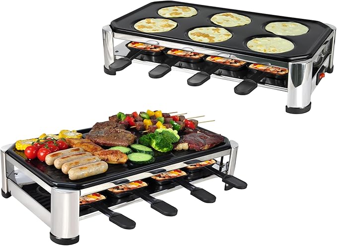 TAMARIT 8-Person Raclette Grill, Electric Table Grill for family gathering | Nonstick Grill plate and extra plate for crepe or pan cake,1500W