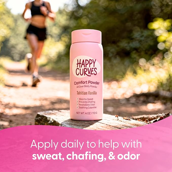 HAPPY CURVES Comfort Powder: Talc Free Anti Chafe Body & Foot Dusting Powder Deodorant for Inner Thigh Chafing, Private Areas, and All Over Body for Women 4oz (Pack of 1), Tahitian Vanilla