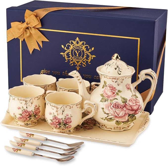 YOLIFE Porcelain Tea Set Vintage Rose, Tea Cups with Teapot, Serving Tray and Teaspoon Service for 4, Suitable for Tea Party Gifts