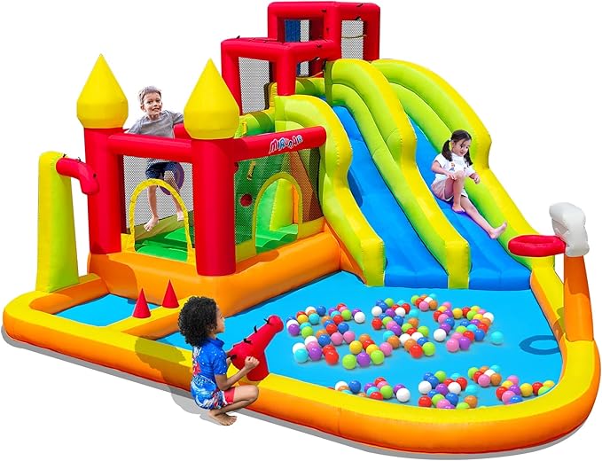 Inflatable Bounce House with Slides, Inflatable Water Slide for Kids Backyard, Bounce Water Prak with Air Blower, Splash Pool, Water Cannon, Climbing Wall, Outdoor Backyard Water Park