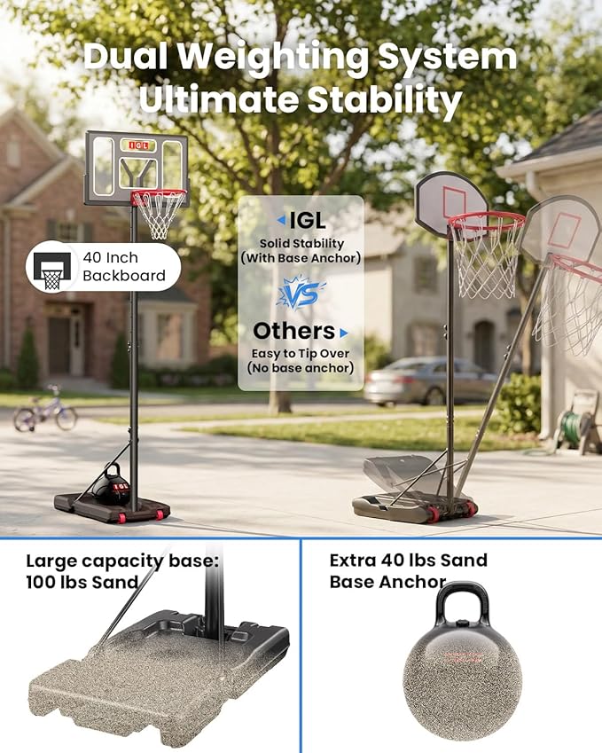 IGL Portable Basketball Hoop, 5.6-10FT Adjustable Basketball Goal System, 40/44 Inch Outdoor Basketball Hoop & Goals for Kids, Youth, and Adults in The Backyard, Driveway with PC Backboard