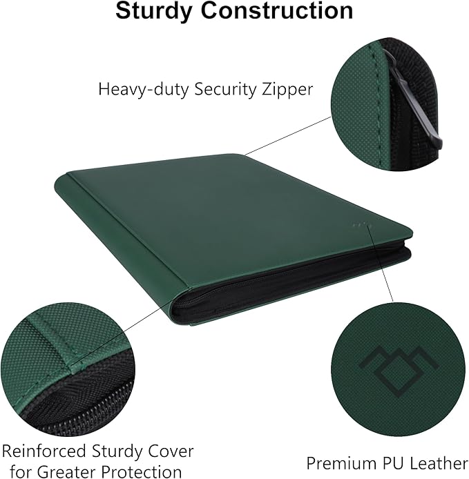 GrinOwl 16 Pocket Top loader Binder, Holds 640 Top Loaders, Large Top loader Card Binder with Sleeves for Cards in 3" x 4" Top loaders (Green)