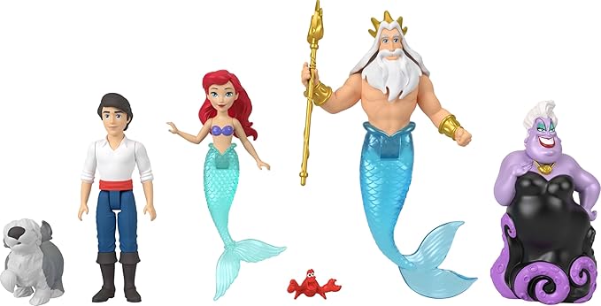 Mattel Disney Princess Toys, Ariel Mermaid Doll Story Set with 4 Small Dolls, 2 Animal Figures & 1 Accessory, Inspired by Disney The Little Mermaid