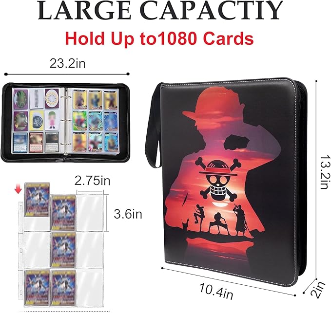 Trading Card Binder for One Piece Cards,9 Pocket with 60 Sleeves up to 1080 Cards One Piece TCG Card Binder,Waterproof Card Storage Book with Sleeves,One Piece for Card Display Case