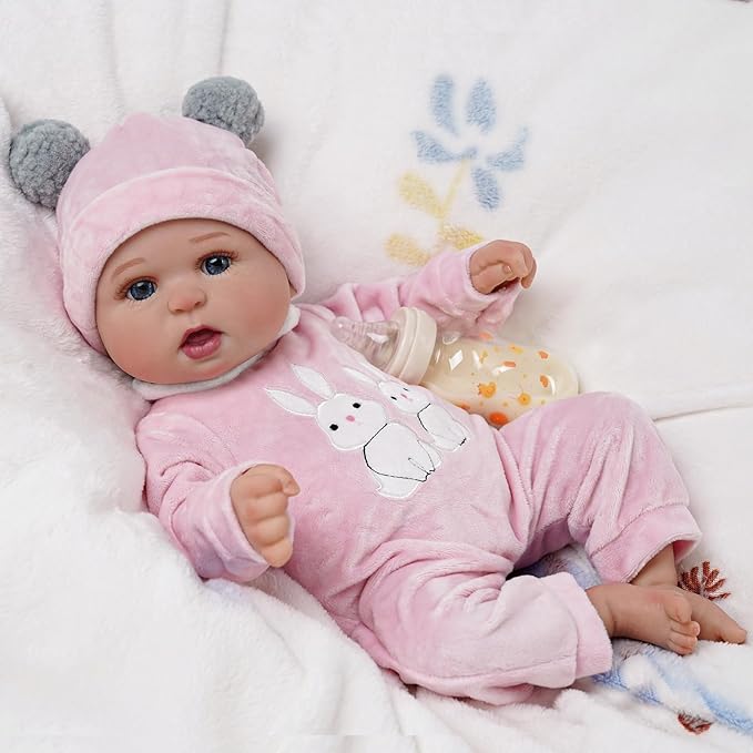 BABESIDE 2 Pcs Reborn Baby Doll Clothes with Hat for 17-22 Inch Babydolls, Cute Bunny Pattern Baby Dolls Outfits Accessories fit Newborn Babydoll Girls, Pink