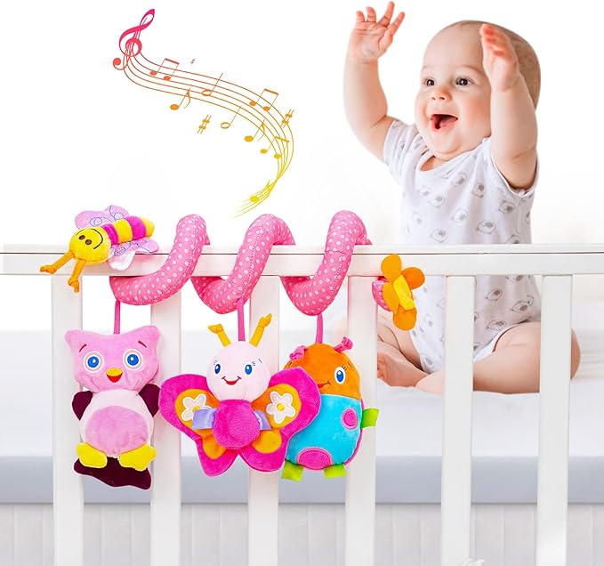 Jollybaby Crib Stroller Car Seat Toys for Baby 0-3-6-9-12 Months, Tummy Time Hanging Sensory Toys for Newborn with Music Box and Teether, Spiral Carseat Toy for Infant Boys Girls Gifts (13-Pink)