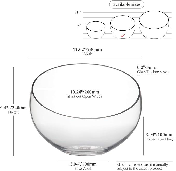 WGV Slant Cut Bowl Glass Vase, Width 11", Height 9.5", Clear Terrarium, Candy Dish, Fruit Jar, Floral Container for Wedding Party Event, Home Office Decor, 1 Piece