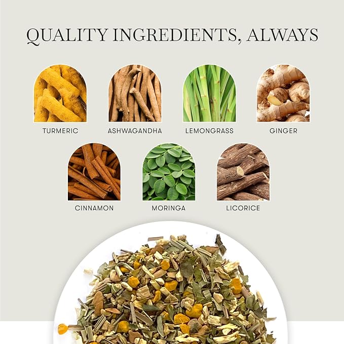 Luxmi Estates Ashwagandha Turmeric | Organic Adaptogen Tea | Stress Relief & Immunity Support | 50 Biodegradable Tea Bags | 100g/3.52oz
