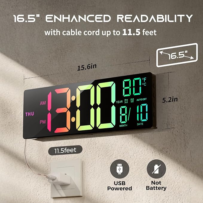 EASYERA 16.5" Large Digital Wall Clock with BT Sync,11 RGB Lights | Classroom Clock Remote Control, Big LED Display, Dual Alarms, Auto DST, Temperature | Gaming