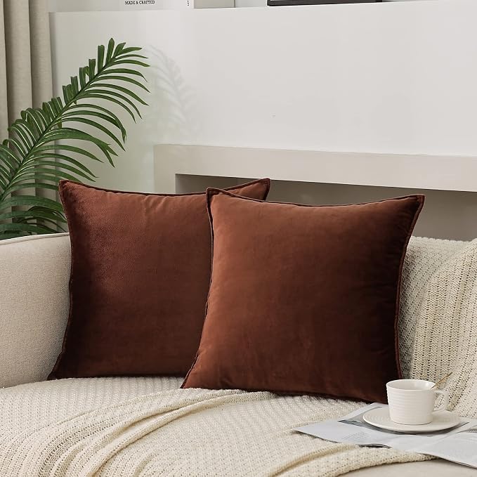 JIAHANNHA Velvet Brown Throw Pillow Covers 20”x20”Pack of 2 Soft Decorative | Square Cushion Covers for Couch Sofa Bed Livingroom Car Home Decor,50x50Cm