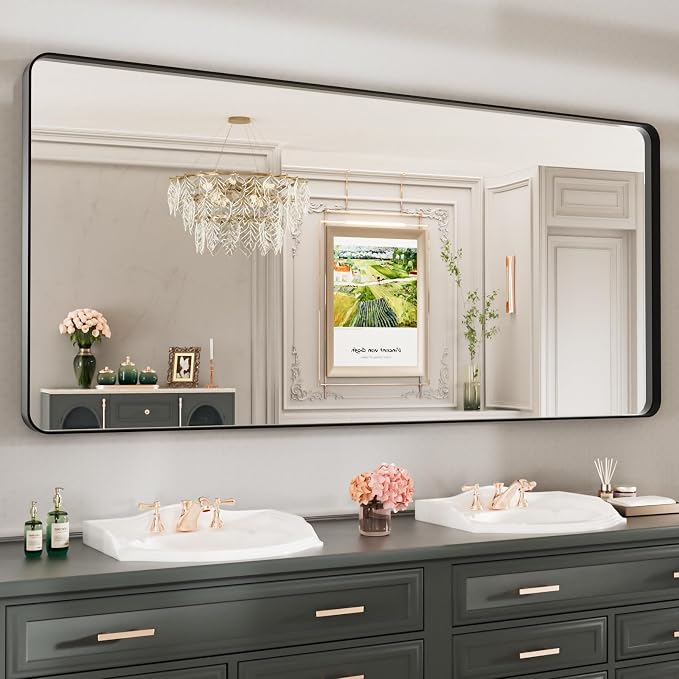 LOAAO 77X36 Inch Black Metal Framed Bathroom Mirror | Matte Black Bathroom Vanity Mirror, Rounded Rectangle, Anti-Rust, Tempered Glass, Hangs Horizontally or Vertically