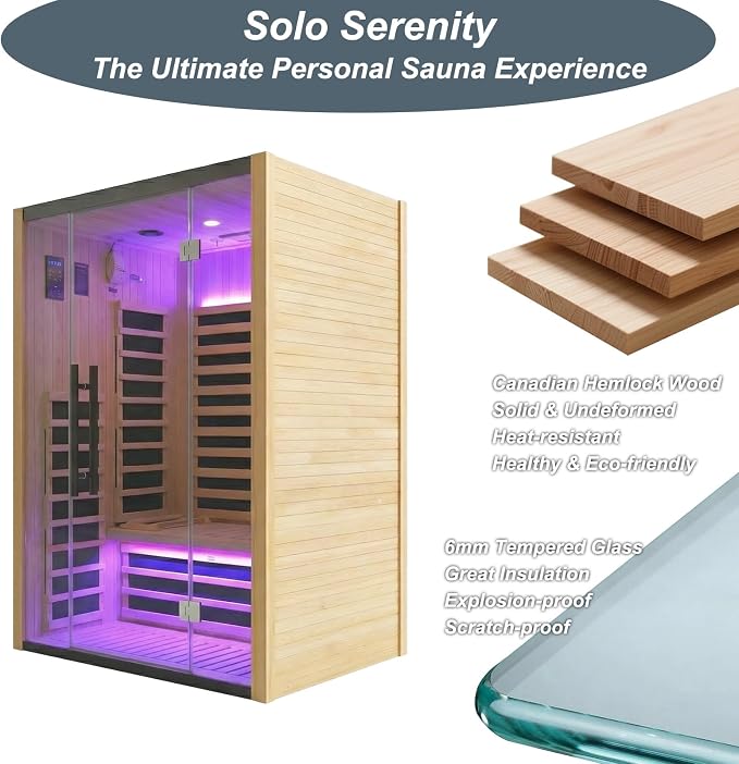 Home Infrared Sauna Room 1 Person Wooden Canadian Hemlock 1260W Low Magnetic Graphene Carbon Plate Heater Indoor Saunas (2-3 Person 47.24 * 41.34 * 74.8in)