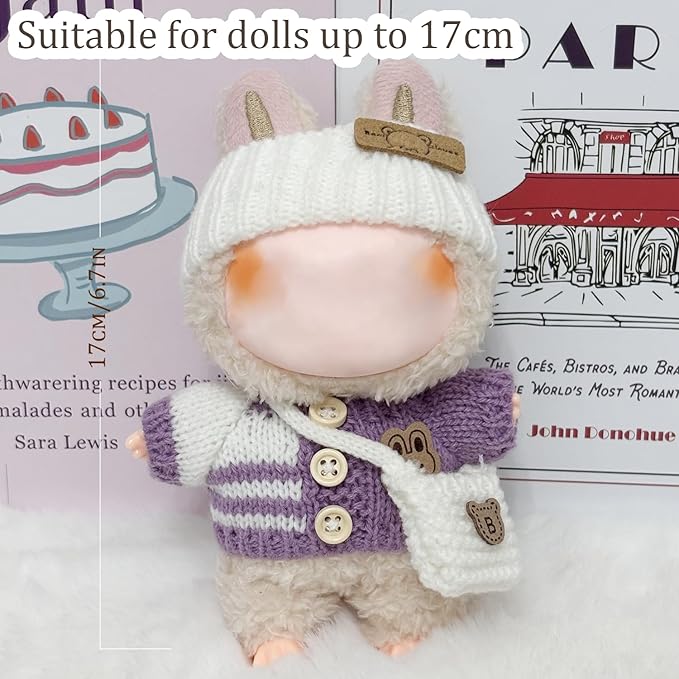 Clothes for 17cm Dolls Accessories Crochet 3 Piece Set Outfits for Doll(Purple Sweater)