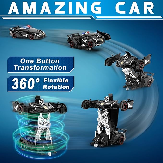 Remote Control Car - Transforming Toy Car Robot, One-Button Deformation with Flashing Lights 2.4GHz 1:18 Scale Transforming Police Car with 360-Degree Rotation Toys for Boys and Girls