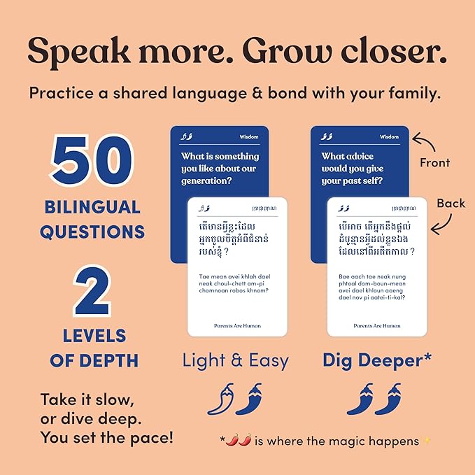 Parents Are Human, Relationship Cards, Get to Know Each Other Better, Parents, Families, Teens & Kids Relationship Building, Light & Deep Questions, 70 Questions & Activity Cards, English + Khmer