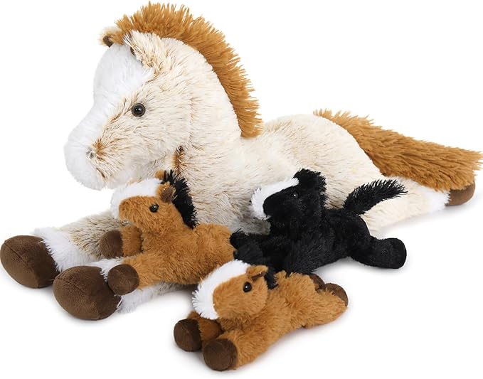Tezituor 4Pcs Horse Stuffed Animal Set, 21inches Large Stuffed Mommy Horse with 4 Baby Pony Toys, Brown Stuffed Pony Plush Pillow for Boys Girls