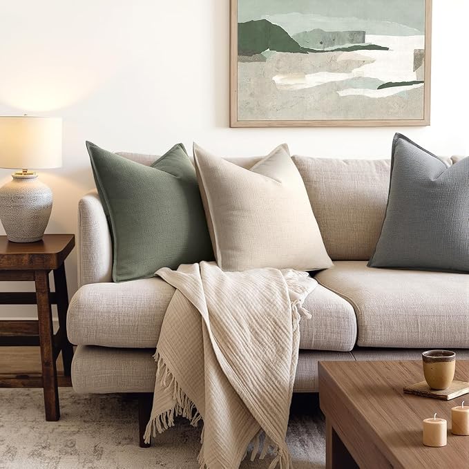 MIULEE Thick Textured Euro Sham Throw Pillow Covers 26x26 Inch Olive Green | Set of 2, Decorative Linen Blend Pillow Cover, Flange Edge Design, Farmhouse Modern Boho Style, Bed Couch Living Room Decor