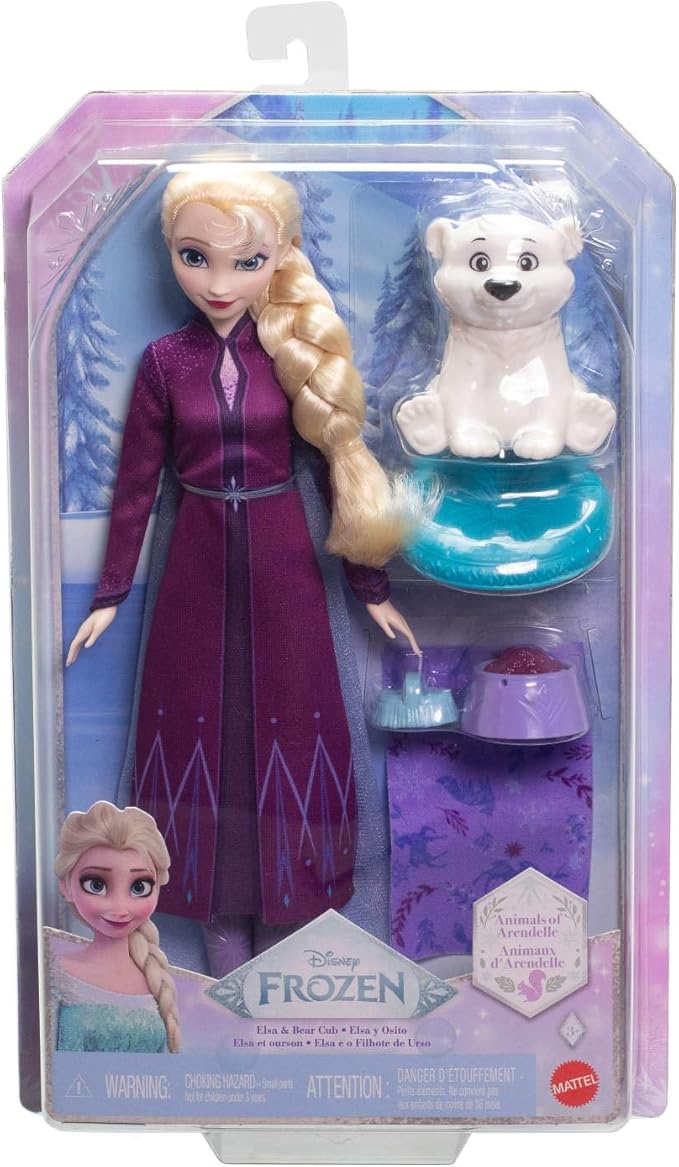Mattel Disney Frozen Elsa Fashion Doll & Bear Cub Figure with 4 Accessories Including Animal Bed & Blanket, Inspired by Animals of Arendelle