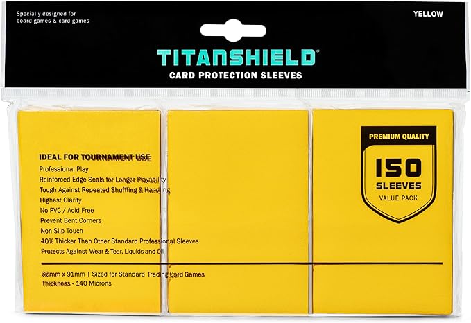 TitanShield Premium Card Sleeves | Compatible with Pokemon, One Piece, Lorcana, Flesh & Blood, & Magic The Gathering MTG | (150 Sleeves - Standard) (1, Yellow, Standard | 66x91mm)